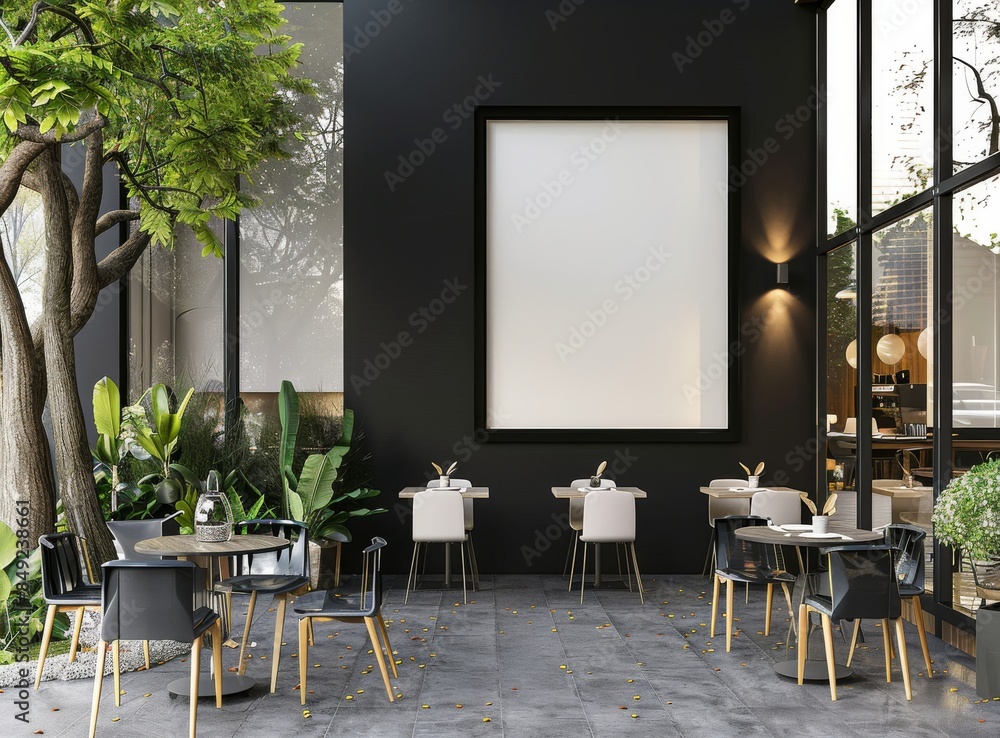 Poster an attractive restaurant setting with a round sign, tables, and black chairs, in a light background 