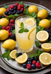 Fototapeta premium A glass of lemonade with lemon slices and mint leaves , surrounded by various fruits and berries on a tray