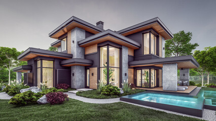 3d rendering of modern two story house with gray and wood accents, large windows, parking space in the right side of the building. Clear summer evening with cozy light from window