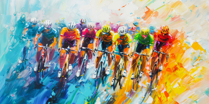 Colorful painting of competitive cyclists