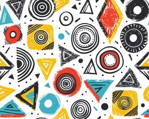 A seamless pattern featuring hand-drawn geometric shapes in a trendy and modern style. Perfect for use as a background in various design projects.
