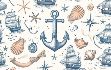 A seamless pattern featuring hand-drawn nautical elements such as anchors, compasses, ships, and waves. This versatile design is perfect for backgrounds, textiles, and various creative projects.