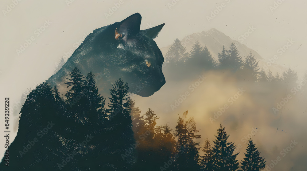 Wall mural cat in double exposure of forest mountains, silhouette