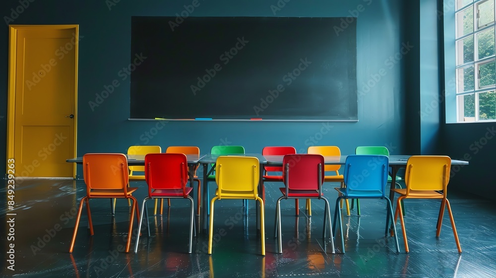 Poster a colorful classroom with a table and chairs in front of a chalkboard.