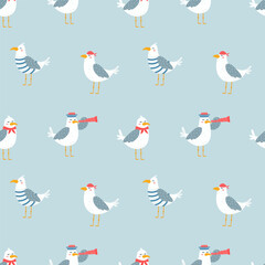 Cute seagulls seamless pattern. Vector illustration in simple cartoon style.