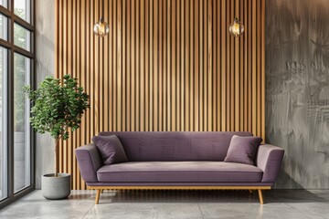 This mockup wall mocks up a cozy office interior with a burgundy couch and a panoramic window.