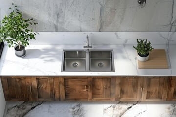 Home kitchen interior with wooden shelves and washbasin
