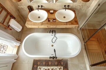 View of the interior of a bathroom with two sinks and a bathtub, along with a vanity