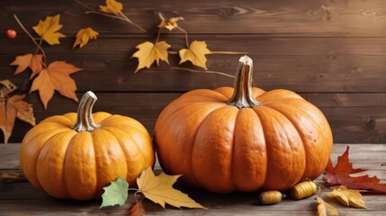 Naklejka premium autumn background with pumpkin elements on a wooden board. Autumn Thanksgiving background. Pumpkins, acorns and leaves on wooden board