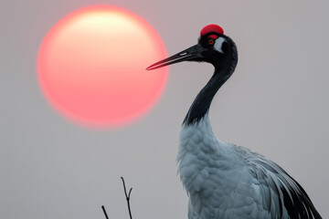 Fototapeta premium A majestic crane stands by a riverbank during sunset, surrounded by lush vegetation and bathed in warm evening light. 
