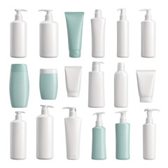 Cosmetic bottle collection. Set of cosmetics package mockup. Soap pump dispenser blank, cream jar, shampoo bottle, toothpaste tube design. Mock up of plastic bottles