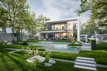 3d rendering of flat roof house with concrete facade in evening