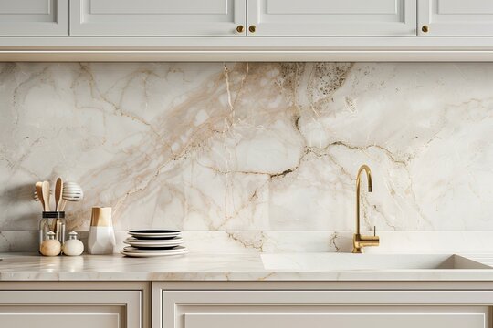 An interior rendering of a modern kitchen concept with beige marble backsplash, gold faucet, and a light background. Three-dimensional rendering of a kitchen design concept.