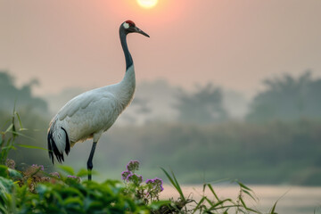 Fototapeta premium A majestic crane stands by a riverbank during sunset, surrounded by lush vegetation and bathed in warm evening light. 