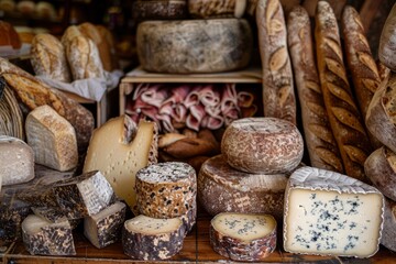 A close-up of a variety of artisanal cheeses and breads displayed at a local market. The cheeses come in various shapes and sizes, showcasing the craftsmanship of the producers