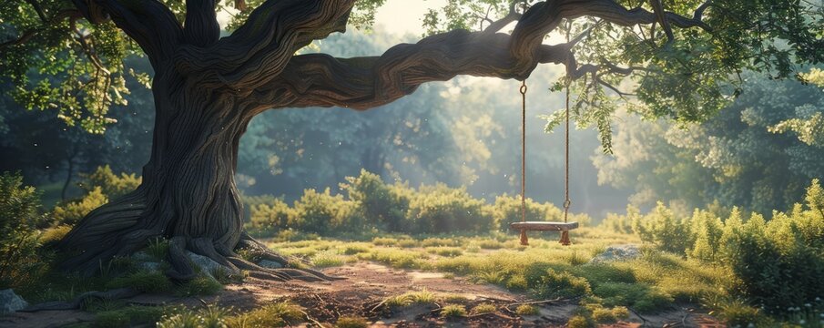 Ancient oak tree with a rope swing hanging from its branches, 4K hyperrealistic photo