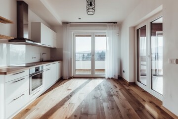 Fototapeta premium The mockup concept for this modern kitchen interior shows a blank white wall coupled with natural lighting and wooden elements.