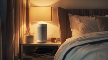 A compact air purifier on a bedside table, providing clean air while someone reads in bed, with a lamp casting a warm glow