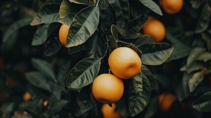 Oranges hanging on a tree with green leaves in view.