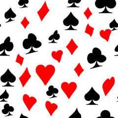 Red, black, golden suits of playing cards seamless pattern. Spades, crosses, diamonds and hearts. suits for playing cards