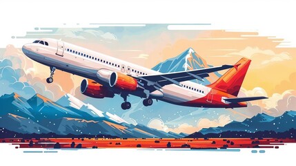 Fototapeta premium A colorful and vibrant flat design cartoon illustration of an airplane seen from the side view, perfect for travel and transportation concepts.