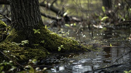 Naklejka premium Moss covered tree bark in a wetland