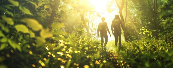 Fototapeta premium Friends hiking through a lush green forest, sunlight breaking through, 4K hyperrealistic photo.