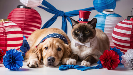 Patriotic pet celebration between a Siamese cat in a top hat and bow tie and a Golden Retriever. Studio decorated with paper lanterns and bows. Concept for 4th of July.