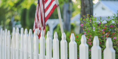 American flag with white picket fence and flowers