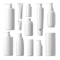 Cosmetic bottle collection. Set of cosmetics package mockup. Soap pump dispenser blank, cream jar, shampoo bottle, toothpaste tube design. Mock up of plastic bottles