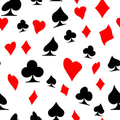 Red, black, golden suits of playing cards seamless pattern. Spades, crosses, diamonds and hearts. suits for playing cards