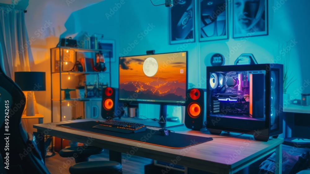 Poster a desk with a computer monitor and compact desktop speakers, set up for an immersive gaming experien