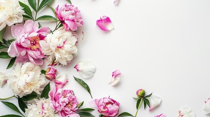 Naklejka premium pink peonies set against a pristine white background, accentuated by a harmonious color scheme of pink and fuchsia
