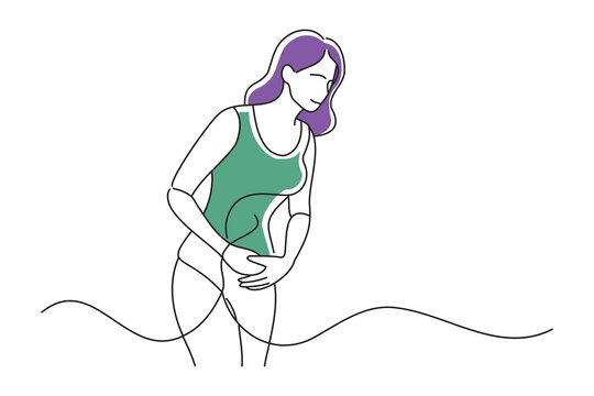 recommend clip art: A woman suffering from stomach problems, doodle continuous line art vector illustration