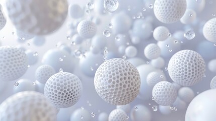 Fototapeta premium Abstract close-up of white perforated spheres floating amidst water droplets in a soft-focus background.