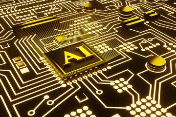 Golden alphabetic letter AI on a black computer processor chip surrounded by glowing light streaks on an electronic circuit board. Illustration of the concept of AI chips and NPU