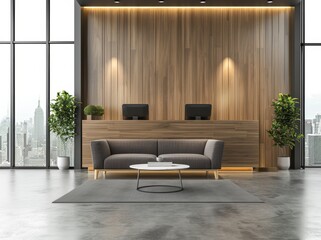 Office interior in gray and wooden tones with armchairs at the reception