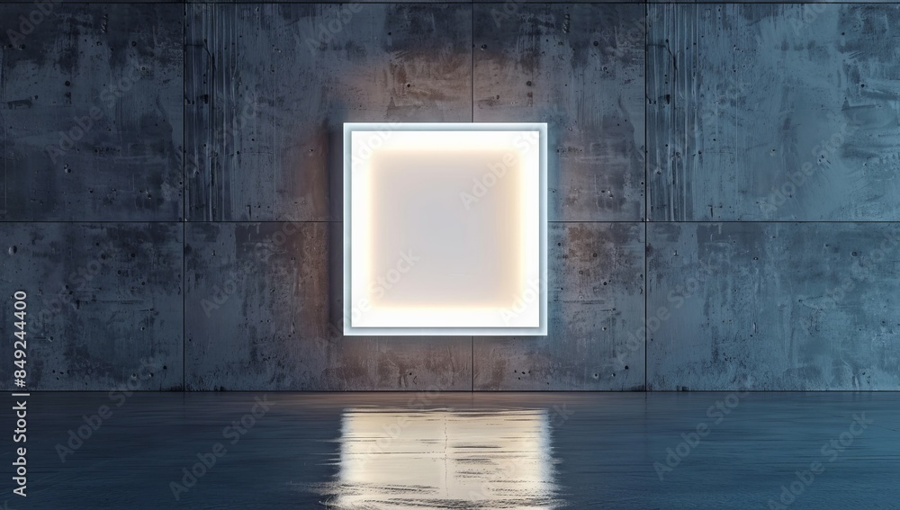 Poster dark wall with a blank billboard illuminated by a spotlight. advertising concept using stock artific