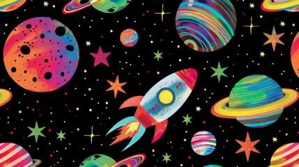 Colorful space scene with rocket, planets, and stars.