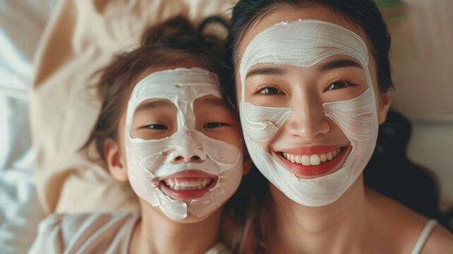 Happy asian mother and daughter sitting on bed and wearing beauty face masks