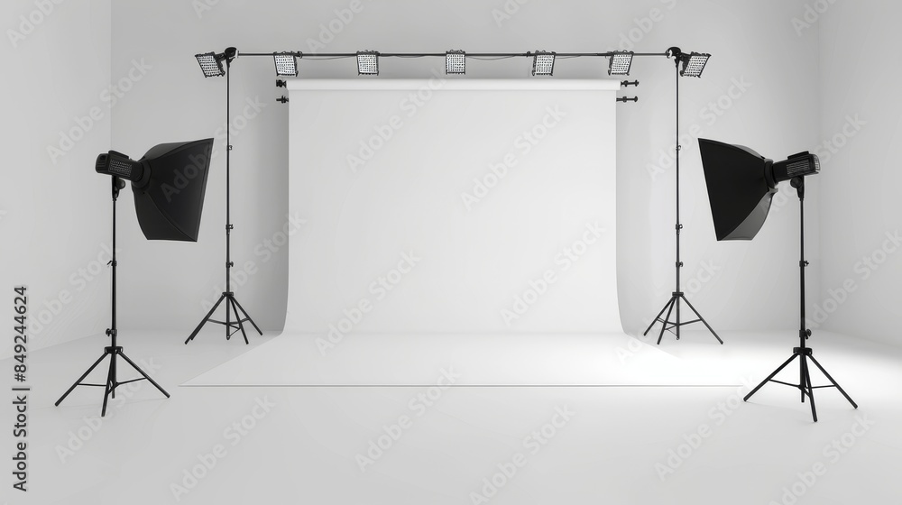 Poster an industrial design concept with a large white backdrop and lighting. using stock ai and high-end p
