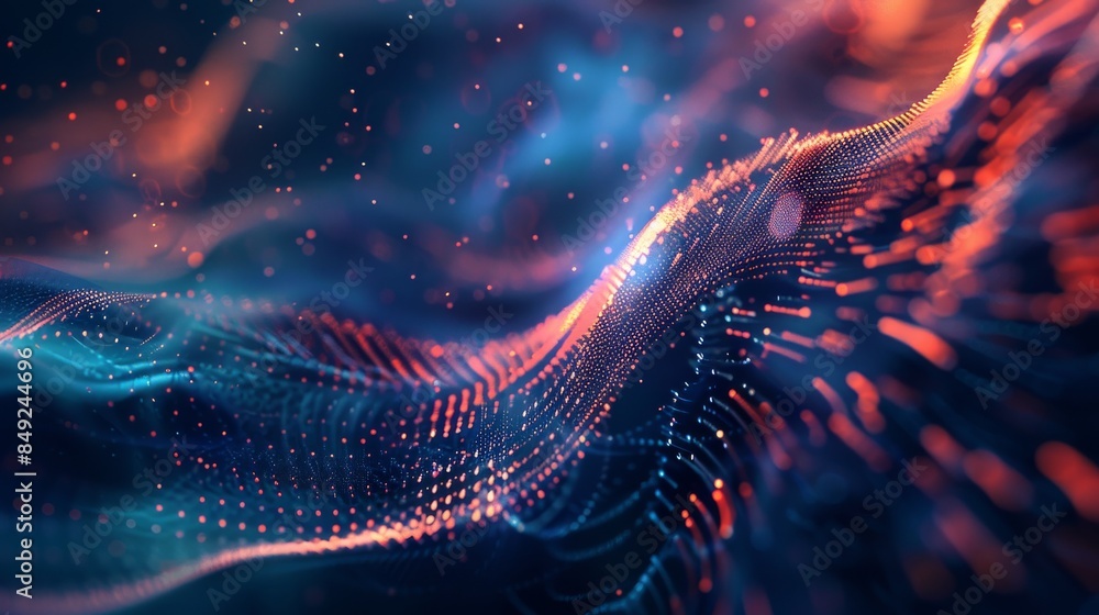 Poster vibrant digital waves and particles in dynamic motion.