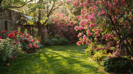 Flowering crabapple in a garden