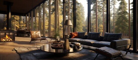 Modern Cabin Living Room with Forest View