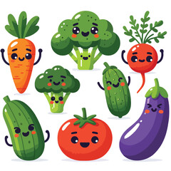 Collection of cute vegetable characters on white background