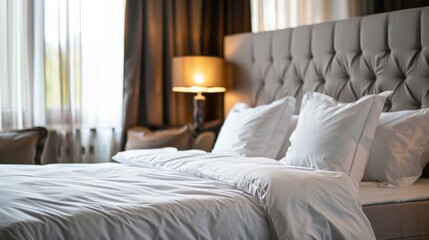 A luxurious hotel room with a king-sized bed, crisp white linens, and elegant decor, showcasing comfort and style