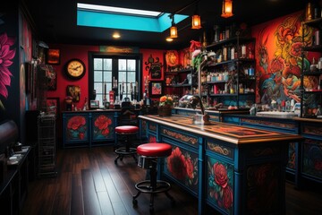 Animated tattoo studio during event flash tattoo., generative IA