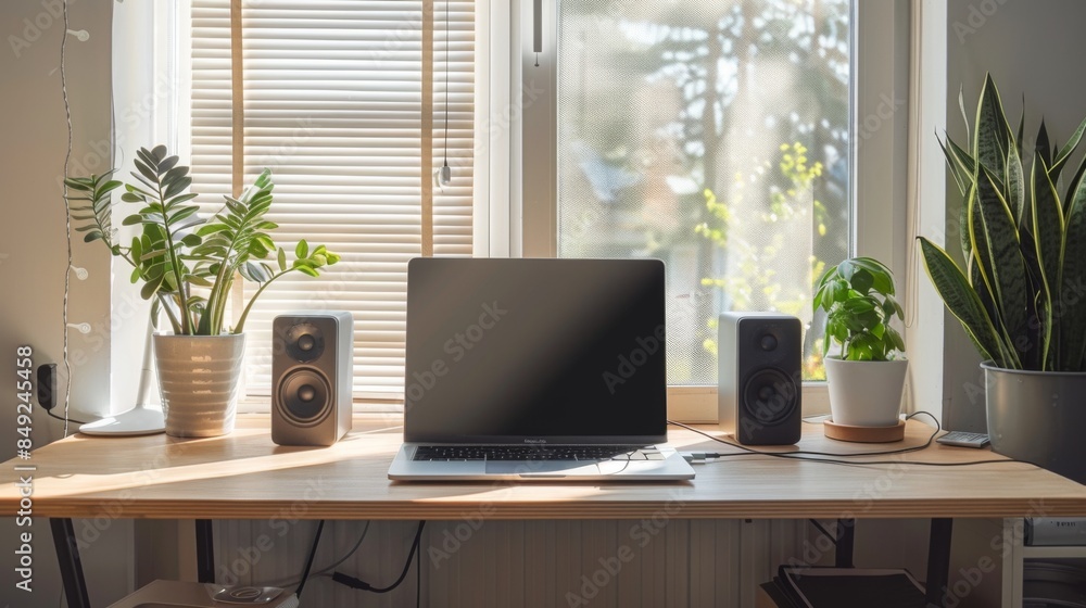 Poster a minimalist home office with small bookshelf speakers placed on either side of a laptop, creating a