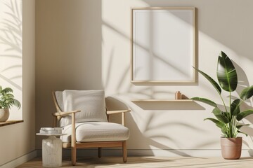 Interior of a beige hotel with a shelf with decoration and an armchair, mockup of a frame