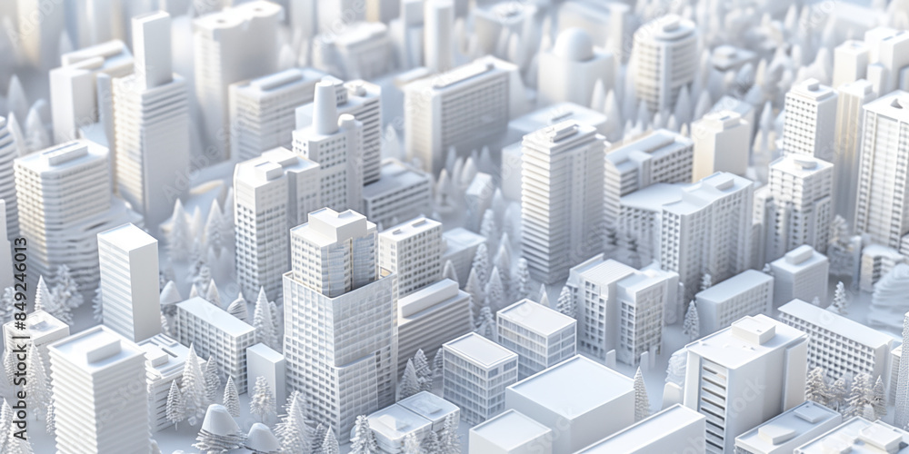 Poster birds eye view of a modern city. urban concept. white clay 3d rendering. created with generative ai 